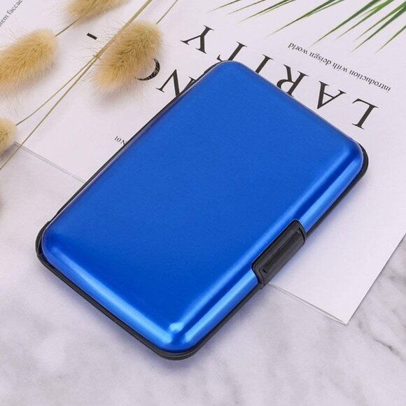 Blue - Metal Wallet Credit Card Holder, Women Men Aluminum RFID, Hard Case - Picture 1 of 10